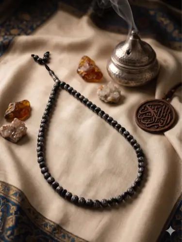 Sort/sølv  Plastic  tasbih med sølv design, 99 perler