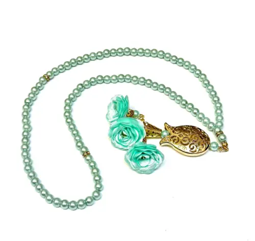 Turkos blomster tasbih med gulddetaljer, 99 pärlor