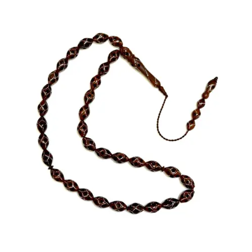 Nötbrun handgjord lyx tasbih med äkta silver, 33 pärlor