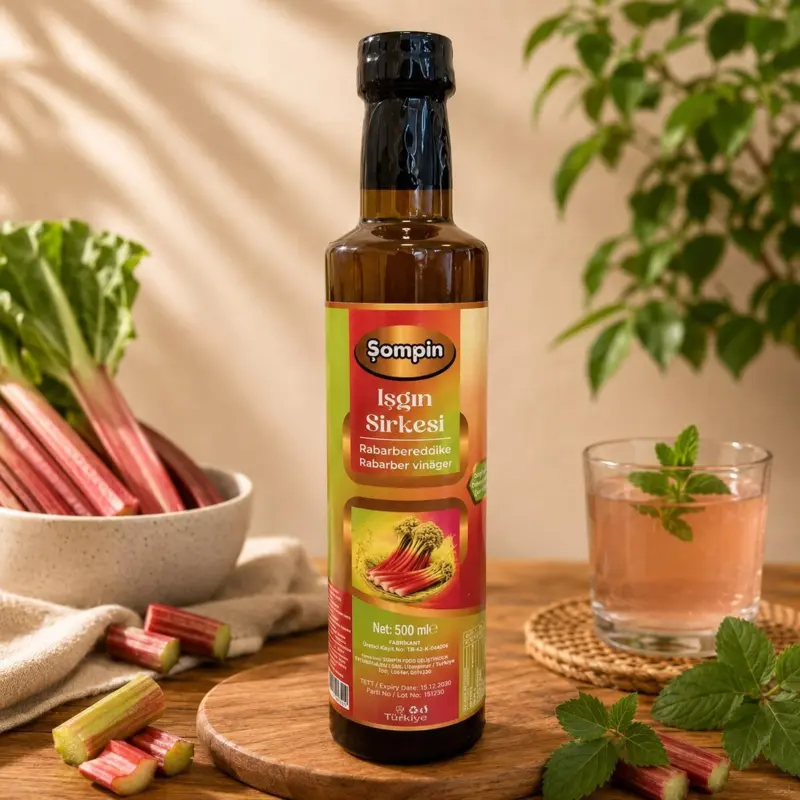 Şompin Rabarbereddike (Işgın Sirkesi) 500 ml glasflaske med naturlig rabarbereddike på træbord omgivet af friske rabarber og mynte.
