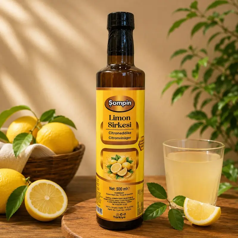 Şompin Citroneddike (Limon Sirkesi) 500 ml glasflaske med naturlig citroneddike på træbord omgivet af friske citroner.