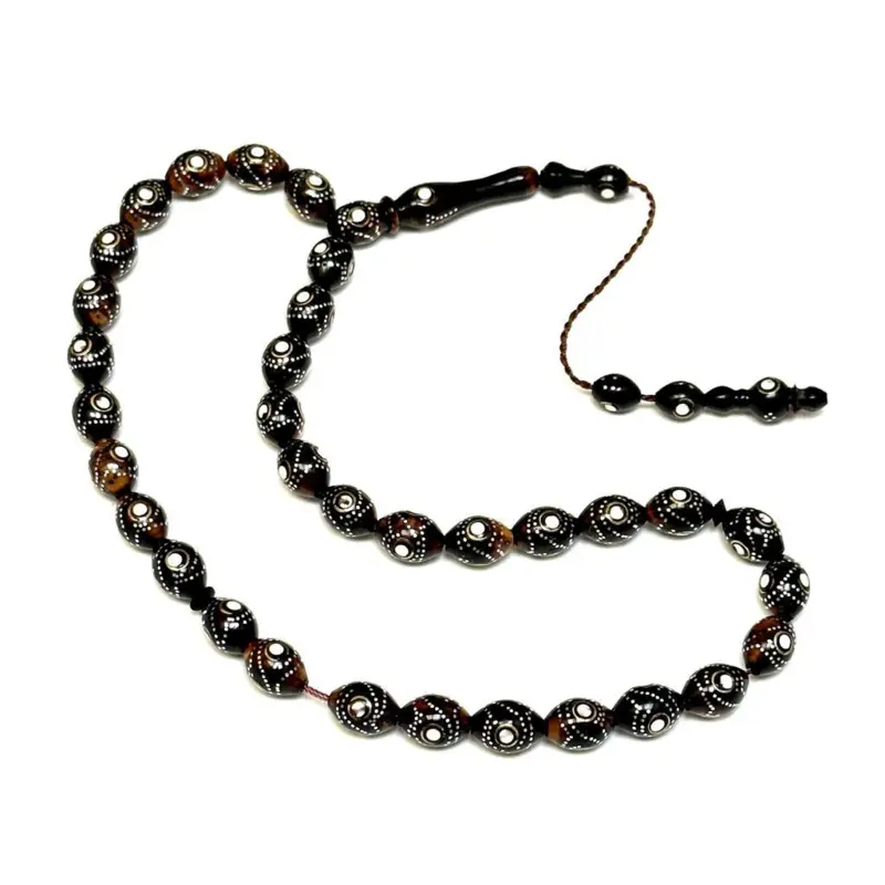 Schwarz/braune handgefertigte Luxus-Tasbih mit Silberdesign, 33 Perlen
