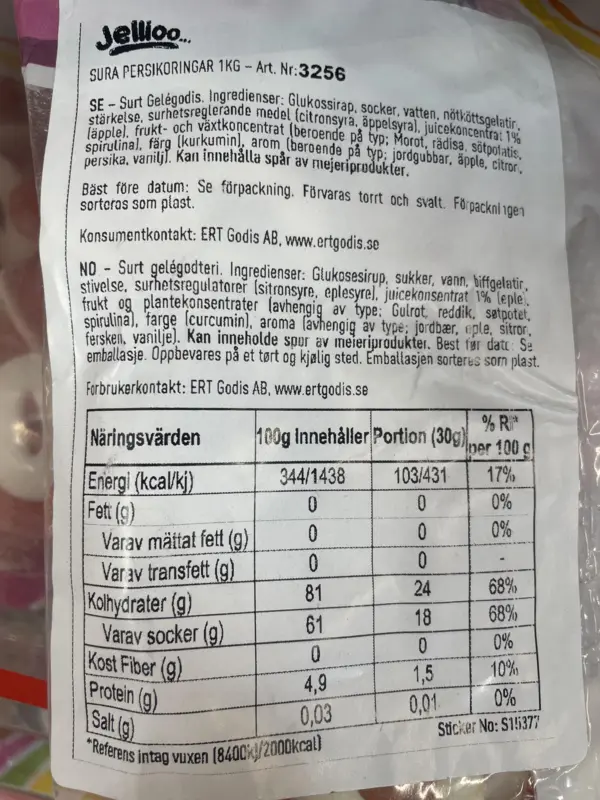 Saurer Pfirsich-Ringe - Jellioo 1kg